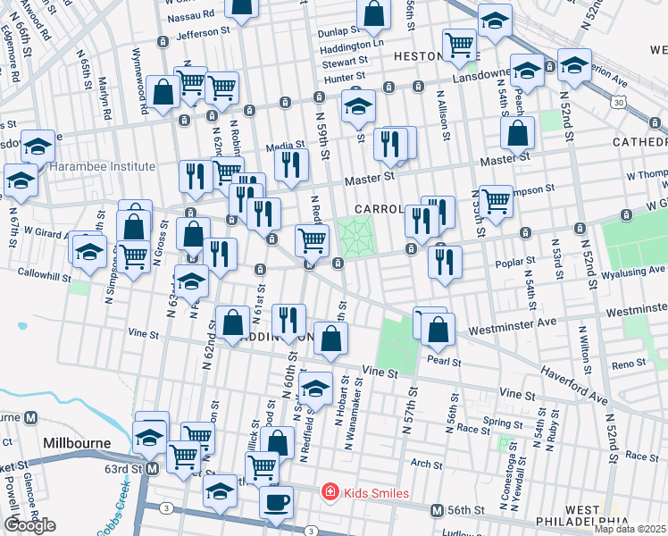 map of restaurants, bars, coffee shops, grocery stores, and more near 1212 North Redfield Street in Philadelphia