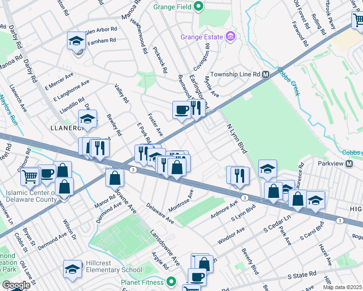 map of restaurants, bars, coffee shops, grocery stores, and more near 123 Cunningham Avenue in Upper Darby
