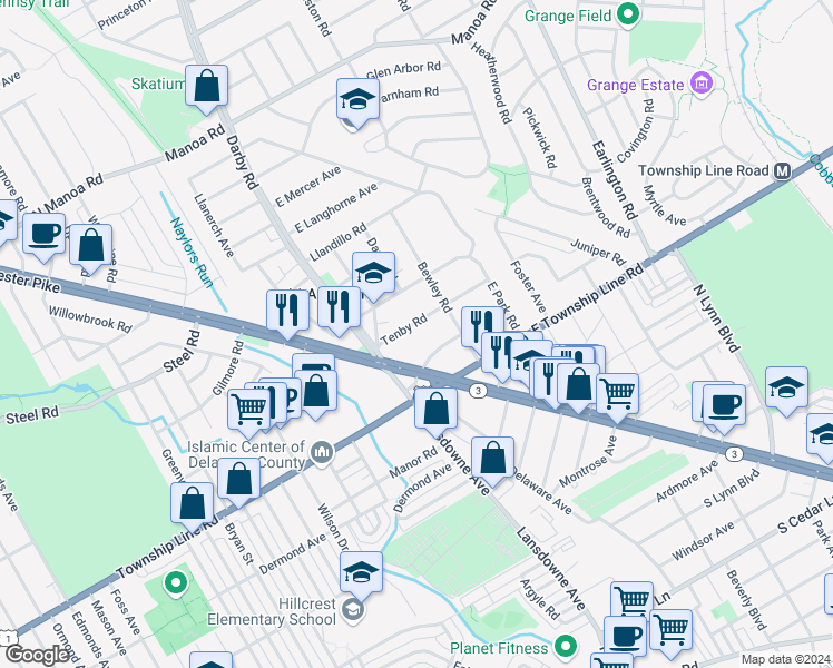 map of restaurants, bars, coffee shops, grocery stores, and more near 22 Tenby Road in Havertown