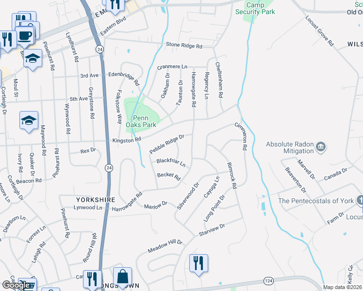 map of restaurants, bars, coffee shops, grocery stores, and more near 3575 Pebble Ridge Drive in York