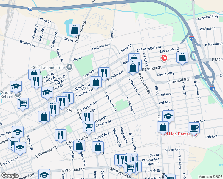 map of restaurants, bars, coffee shops, grocery stores, and more near 1033 East Market Street in York