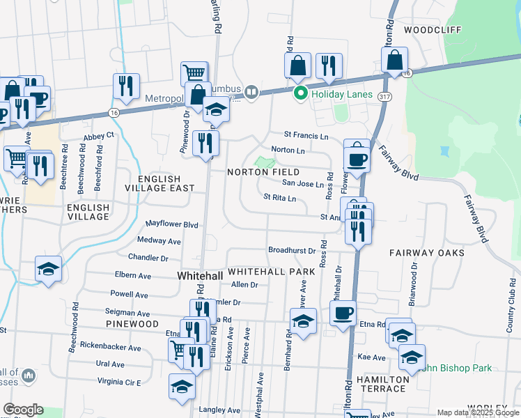 map of restaurants, bars, coffee shops, grocery stores, and more near 4484 Saint Rita Lane in Columbus