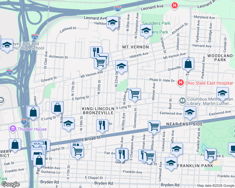 map of restaurants, bars, coffee shops, grocery stores, and more near 225 North 22nd Street in Columbus