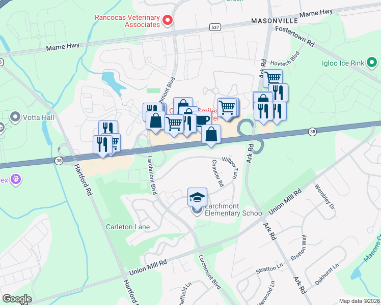 map of restaurants, bars, coffee shops, grocery stores, and more near 150 Willow Turn in Mount Laurel Township