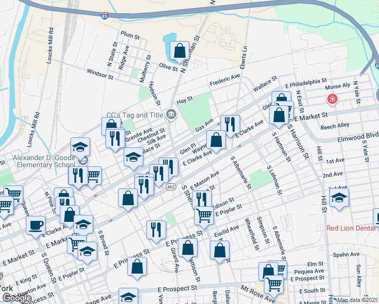 map of restaurants, bars, coffee shops, grocery stores, and more near 841 Wayne Avenue in York