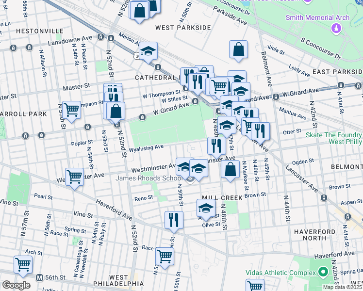 map of restaurants, bars, coffee shops, grocery stores, and more near 956 North Saint Bernard Street in Philadelphia