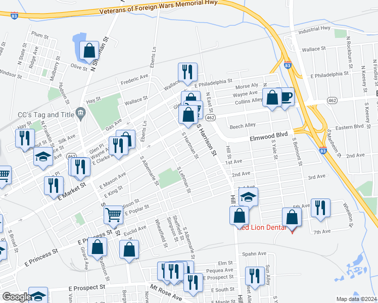 map of restaurants, bars, coffee shops, grocery stores, and more near 1152 East King Street in York