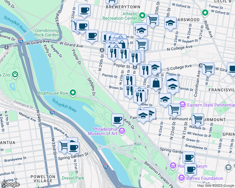 map of restaurants, bars, coffee shops, grocery stores, and more near 2705 Folsom Street in Philadelphia
