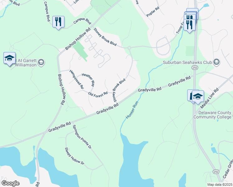 map of restaurants, bars, coffee shops, grocery stores, and more near 1 Laurel Lane in Newtown Square