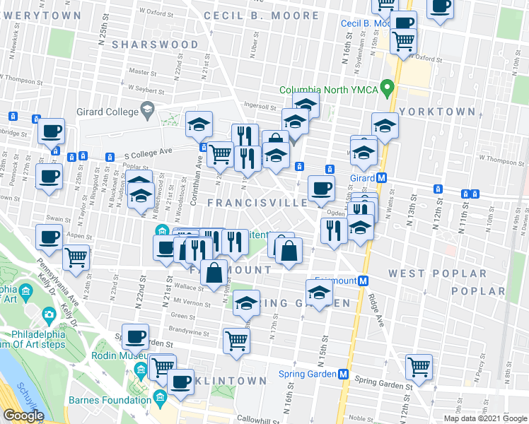 map of restaurants, bars, coffee shops, grocery stores, and more near 841 Perkiomen Street in Philadelphia
