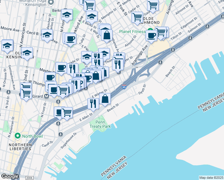 map of restaurants, bars, coffee shops, grocery stores, and more near 1050 East Montgomery Avenue in Philadelphia