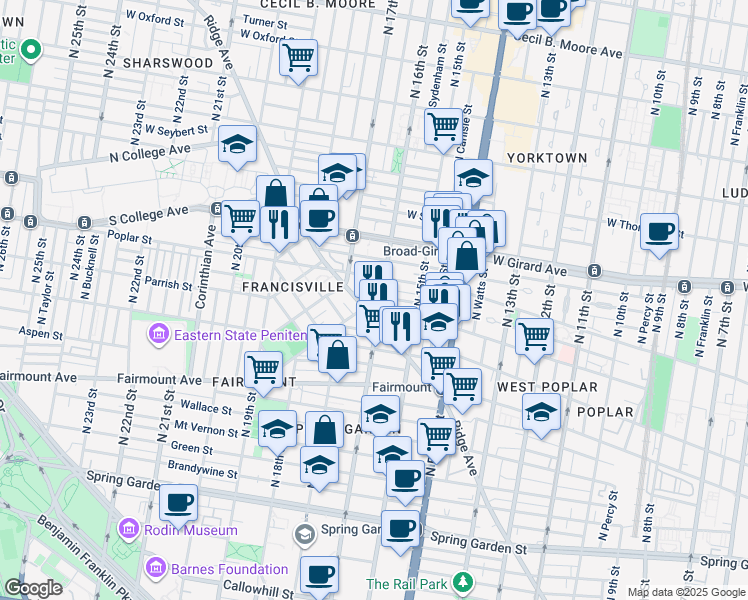 map of restaurants, bars, coffee shops, grocery stores, and more near 1606 Ogden Street in Philadelphia