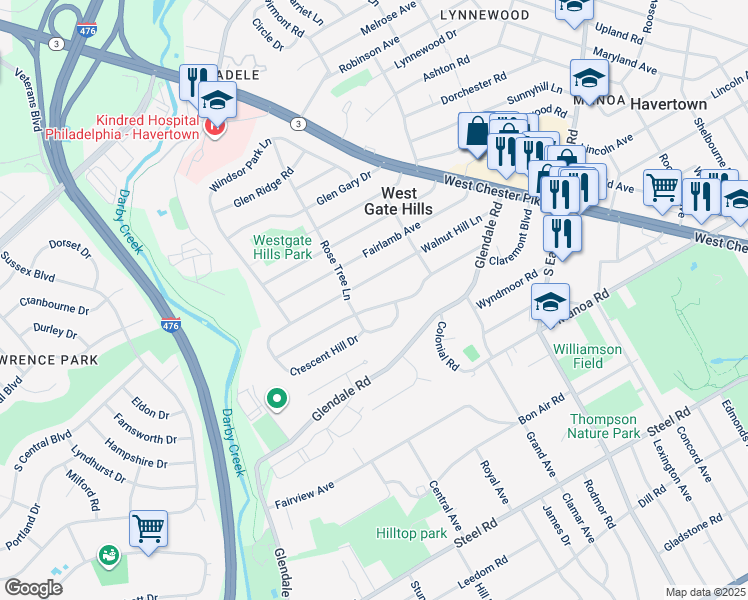 map of restaurants, bars, coffee shops, grocery stores, and more near 220 Greenbriar Lane in Havertown