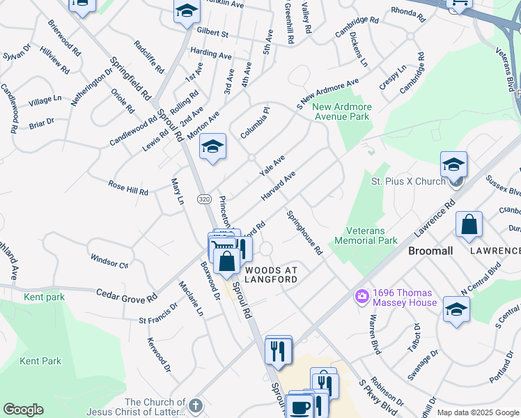 map of restaurants, bars, coffee shops, grocery stores, and more near 409 Harvard Avenue in Broomall