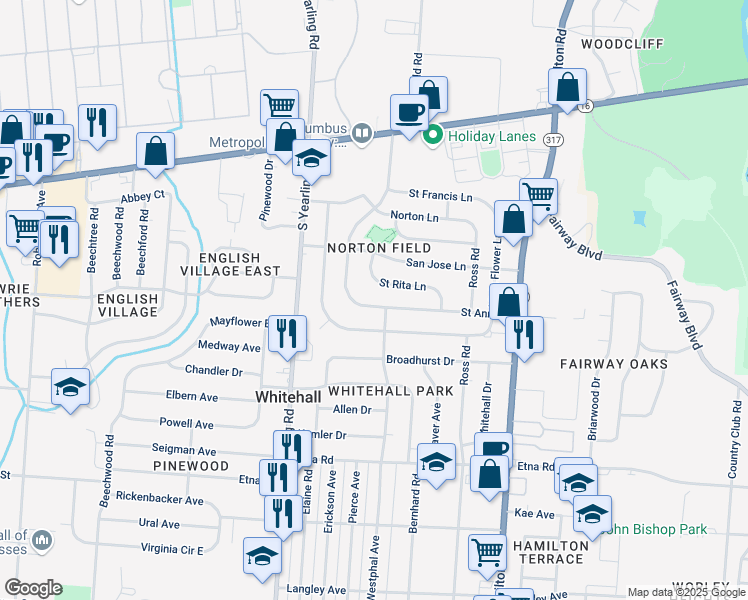 map of restaurants, bars, coffee shops, grocery stores, and more near 4484 Saint Rita Lane in Columbus