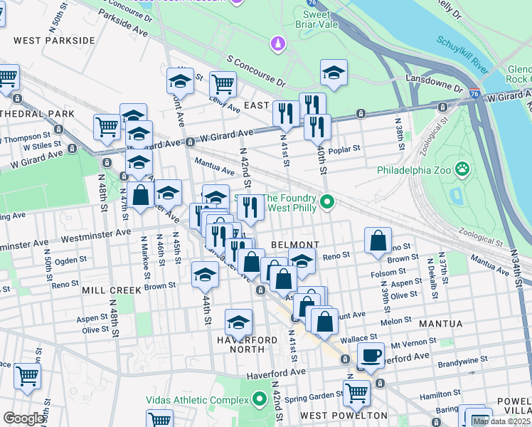 map of restaurants, bars, coffee shops, grocery stores, and more near 886 North Holly Street in Philadelphia