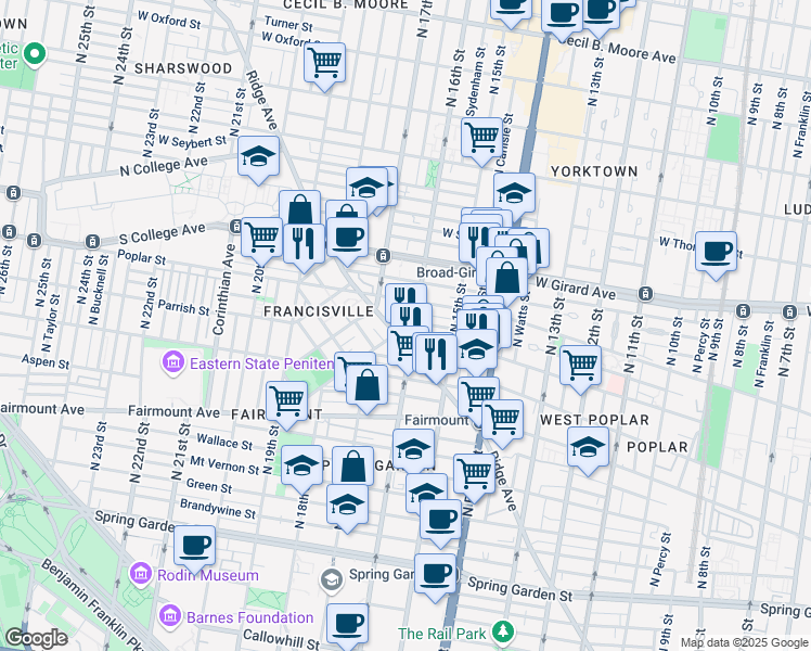 map of restaurants, bars, coffee shops, grocery stores, and more near 1608 Ogden Street in Philadelphia
