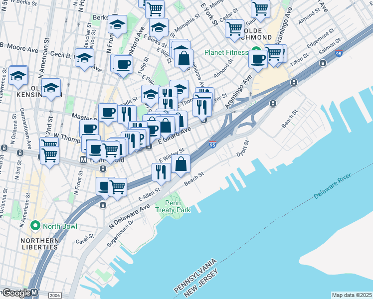map of restaurants, bars, coffee shops, grocery stores, and more near 506 East Wildey Street in Philadelphia