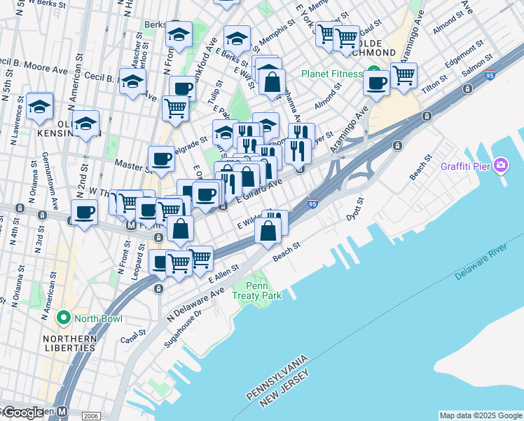 map of restaurants, bars, coffee shops, grocery stores, and more near 1106 East Palmer Street in Philadelphia