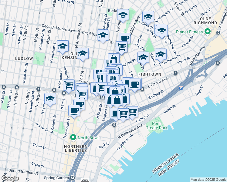 map of restaurants, bars, coffee shops, grocery stores, and more near 1238 Frankford Avenue in Philadelphia