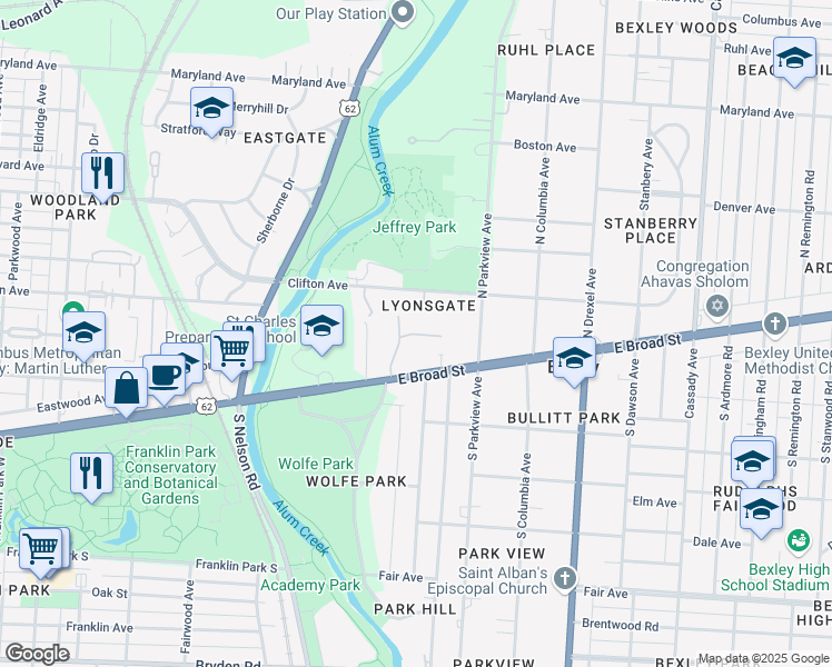 map of restaurants, bars, coffee shops, grocery stores, and more near Sessions Drive in Columbus