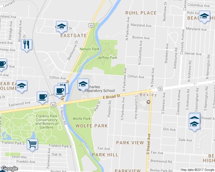 map of restaurants, bars, coffee shops, grocery stores, and more near Sessions Drive in Columbus