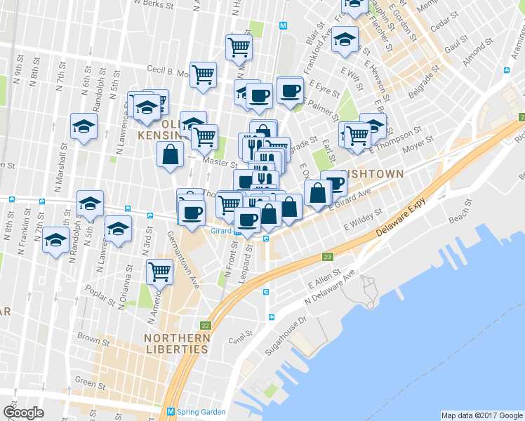 map of restaurants, bars, coffee shops, grocery stores, and more near 1238 Frankford Avenue in Philadelphia