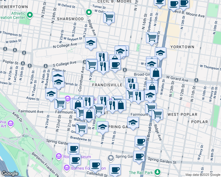 map of restaurants, bars, coffee shops, grocery stores, and more near 841 Perkiomen Street in Philadelphia