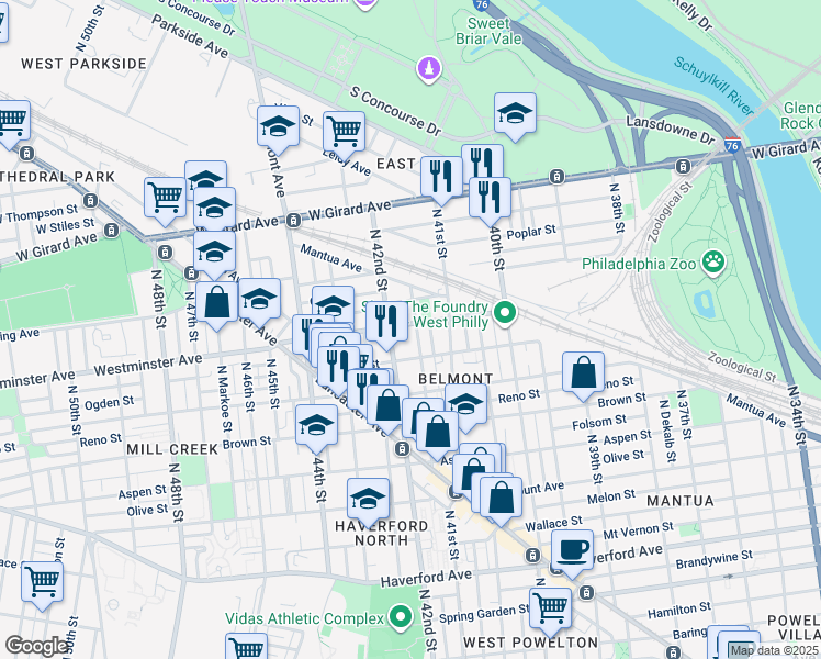 map of restaurants, bars, coffee shops, grocery stores, and more near 886 North Holly Street in Philadelphia