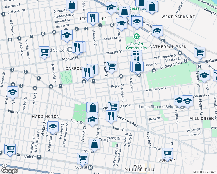 map of restaurants, bars, coffee shops, grocery stores, and more near 5498 Poplar Street in Philadelphia