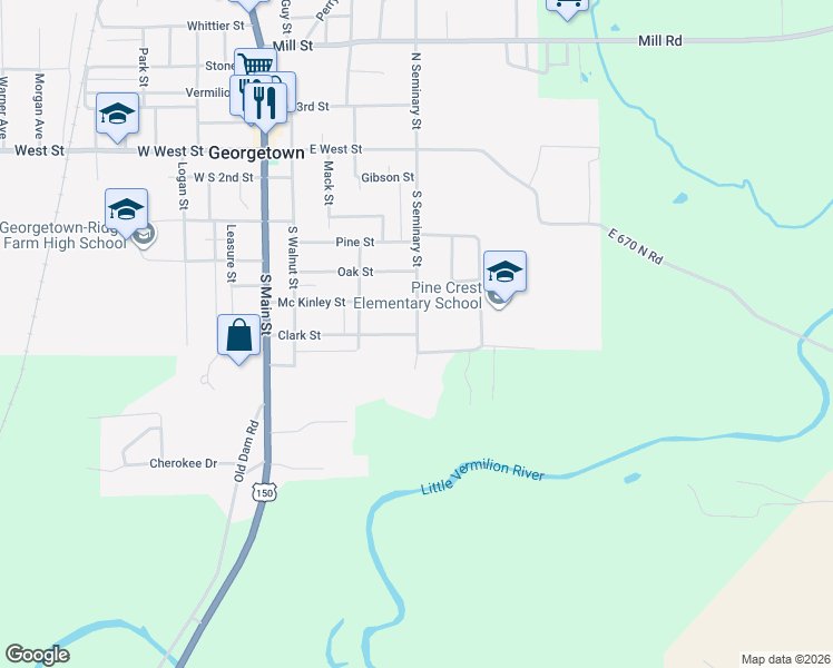 map of restaurants, bars, coffee shops, grocery stores, and more near 598 South Seminary Street in Georgetown