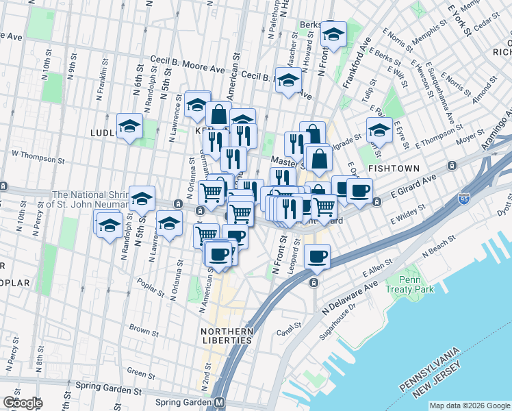 map of restaurants, bars, coffee shops, grocery stores, and more near 1217 North Hancock Street in Philadelphia