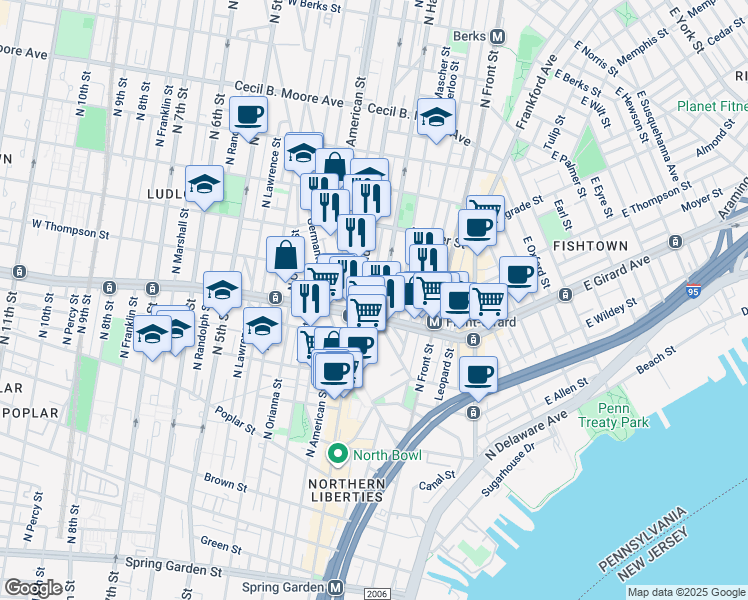 map of restaurants, bars, coffee shops, grocery stores, and more near 1239 North Palethorp Street in Philadelphia