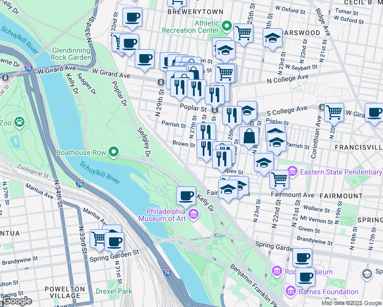 map of restaurants, bars, coffee shops, grocery stores, and more near 779 North 27th Street in Philadelphia