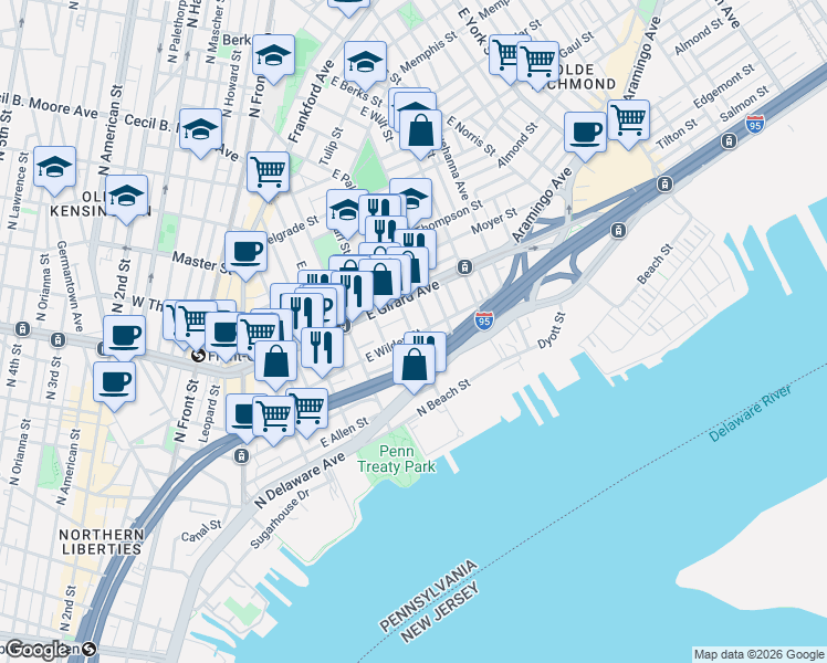 map of restaurants, bars, coffee shops, grocery stores, and more near 1101 East Palmer Street in Philadelphia