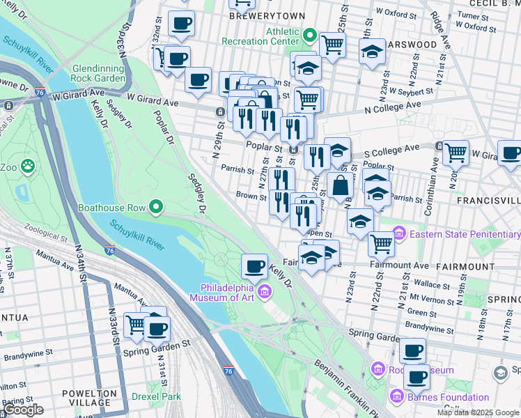 map of restaurants, bars, coffee shops, grocery stores, and more near 779 North 27th Street in Philadelphia