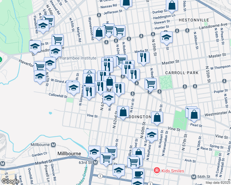 map of restaurants, bars, coffee shops, grocery stores, and more near 512 North 62nd Street in Philadelphia