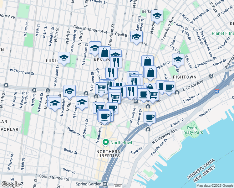 map of restaurants, bars, coffee shops, grocery stores, and more near 1219 North Palethorp Street in Philadelphia