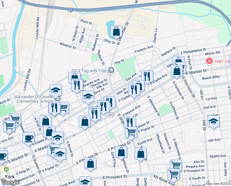 map of restaurants, bars, coffee shops, grocery stores, and more near 804 East Philadelphia Street in York