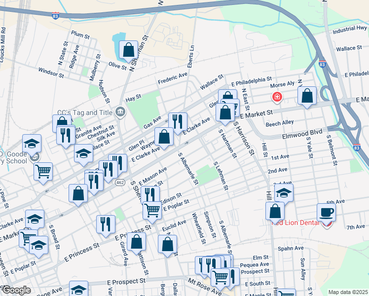 map of restaurants, bars, coffee shops, grocery stores, and more near 1033 East Market Street in York