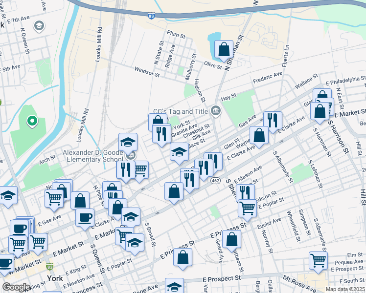 map of restaurants, bars, coffee shops, grocery stores, and more near 665 Chestnut Street in York