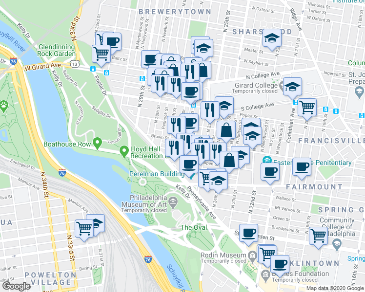 map of restaurants, bars, coffee shops, grocery stores, and more near 2611 Swain Street in Philadelphia