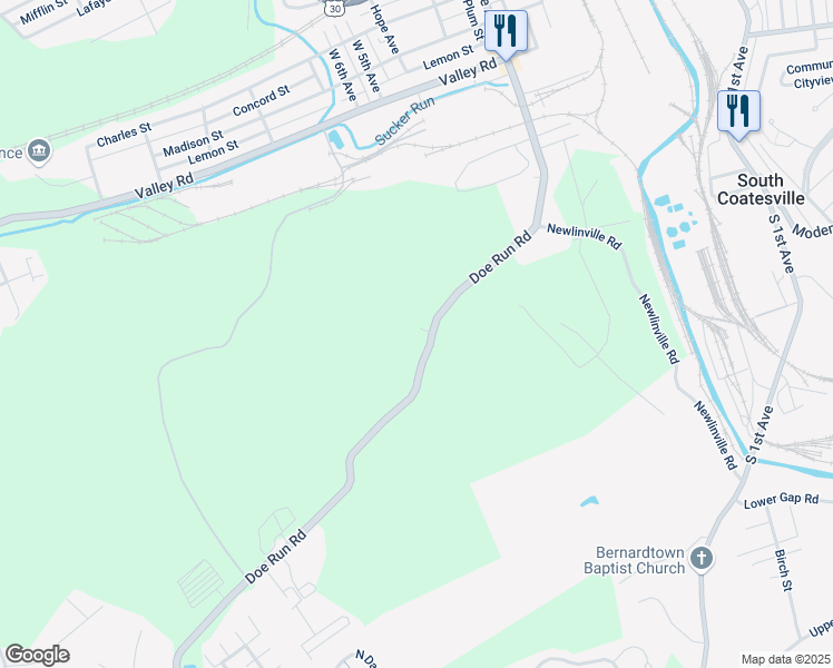 map of restaurants, bars, coffee shops, grocery stores, and more near 270 Doe Run Road in Coatesville
