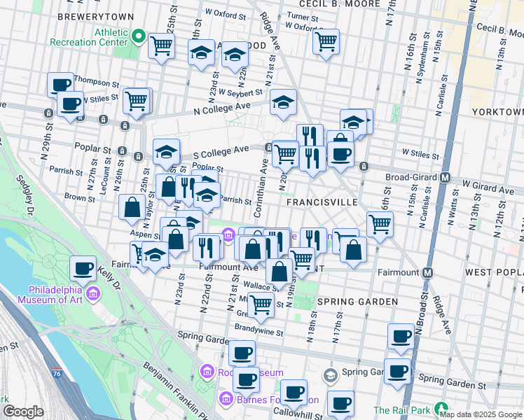map of restaurants, bars, coffee shops, grocery stores, and more near 825 Corinthian Avenue in Philadelphia