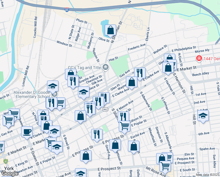 map of restaurants, bars, coffee shops, grocery stores, and more near 804 East Philadelphia Street in York