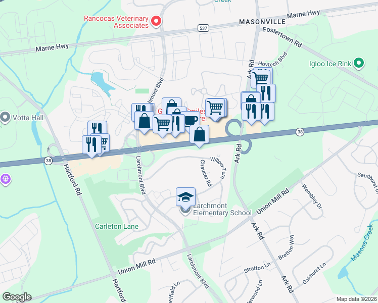 map of restaurants, bars, coffee shops, grocery stores, and more near 150 Willow Turn in Mount Laurel Township