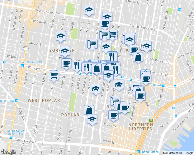 map of restaurants, bars, coffee shops, grocery stores, and more near 1007 North Marshall Street in Philadelphia
