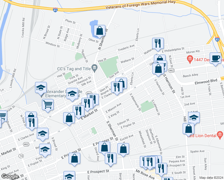 map of restaurants, bars, coffee shops, grocery stores, and more near 42 North Tremont Street in York