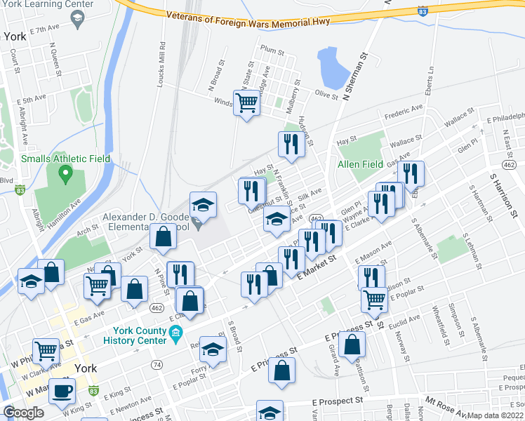 map of restaurants, bars, coffee shops, grocery stores, and more near 620 Chestnut Street in York