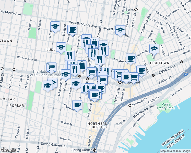 map of restaurants, bars, coffee shops, grocery stores, and more near in Philadelphia